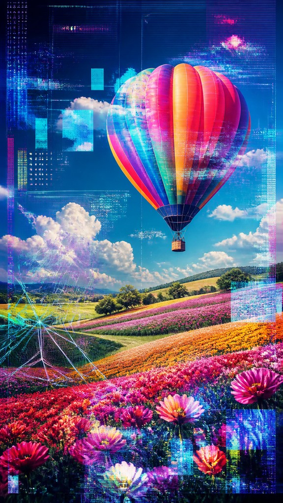a hot air balloon drifting over rolling flower fields on a sunny day, cheerful, no text — New Media Art Style greeting card