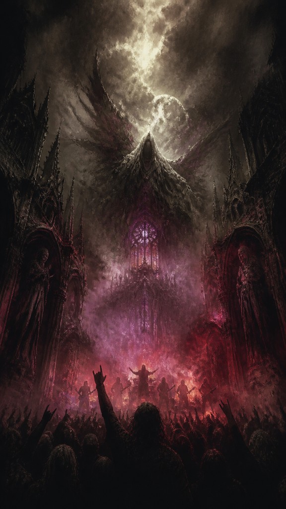 a live music scene with a glowing stage and silhouetted crowd, energetic vertical composition with open space at the top, no text — Dark Fantasy Art flyer
