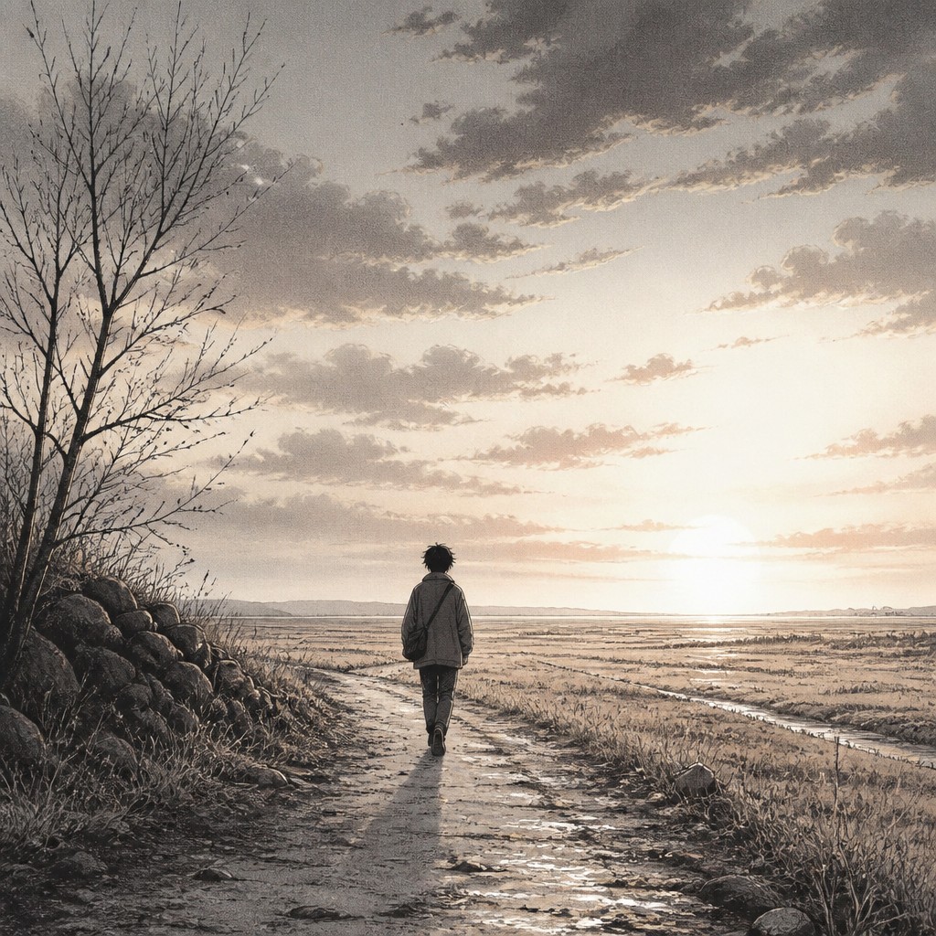 a solitary figure walking toward a glowing horizon across an empty plain, moody atmosphere, no text or lettering — Slice of Life Manga Art Style album cover