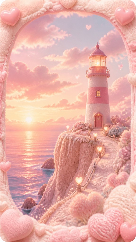 a lone lighthouse on a cliff at dusk under a dramatic sky, no text or lettering — Soft Girl Aesthetic poster
