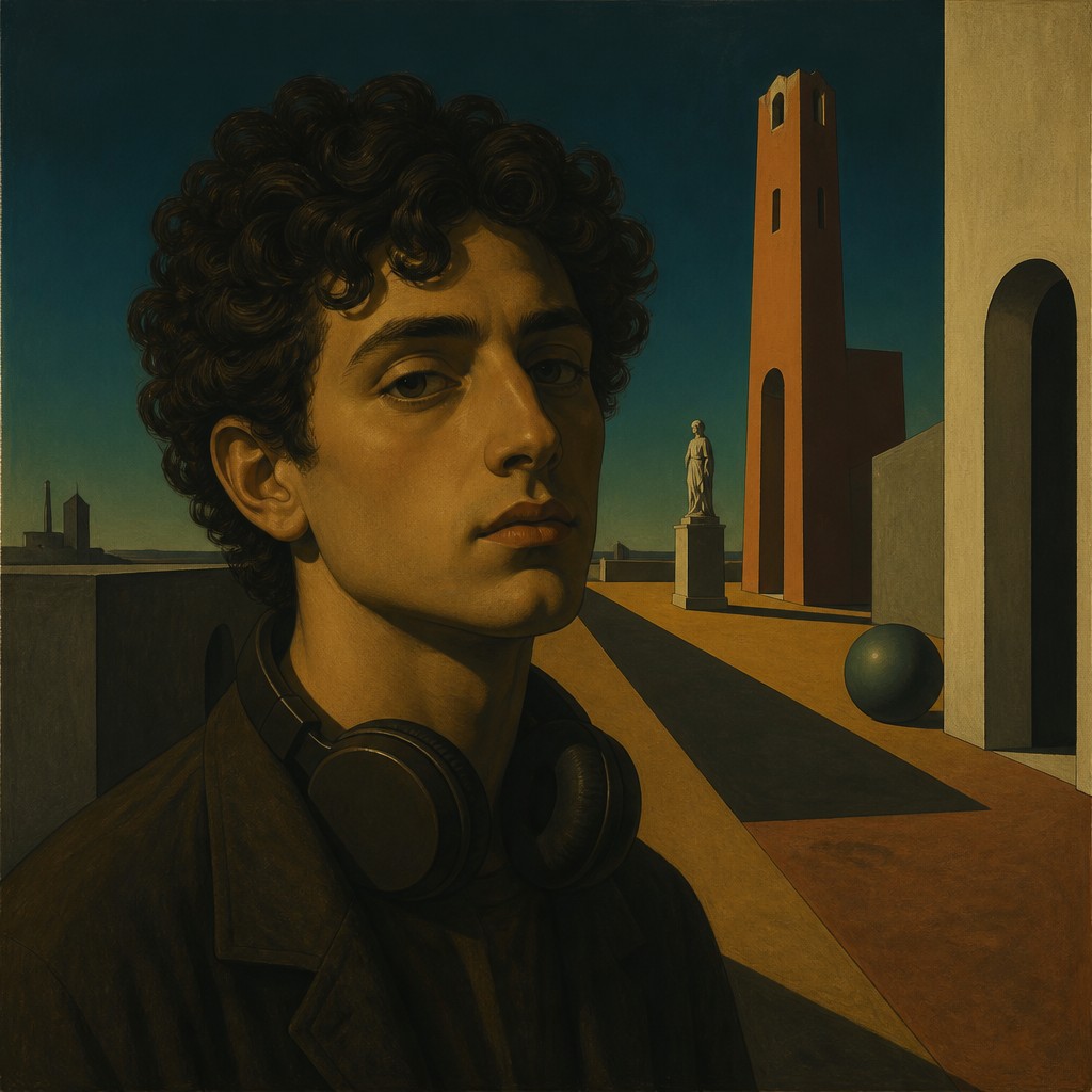 head-and-shoulders portrait of an original character: a young man with curly dark hair and headphones around his neck, plain backdrop, no text — Metaphysical Painting Art Style Discord profile picture