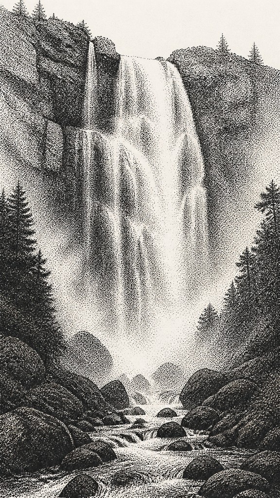 towering waterfall cascading down a cliff — Stippling Dotwork Style