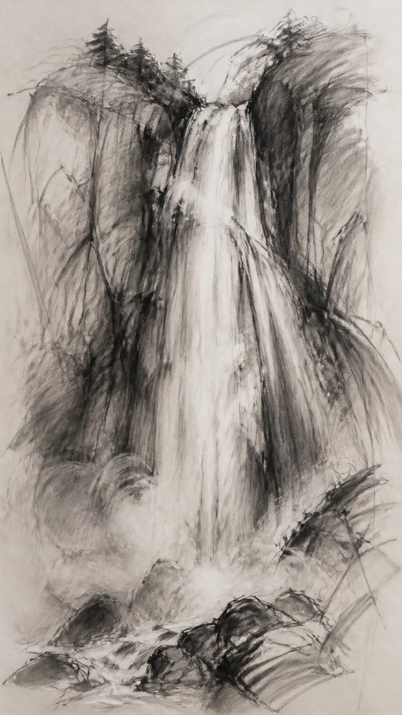 towering waterfall cascading down a cliff — Gesture Sketch Drawing Style