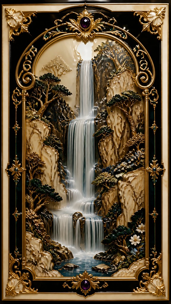 towering waterfall cascading down a cliff — Decorative Arts Style