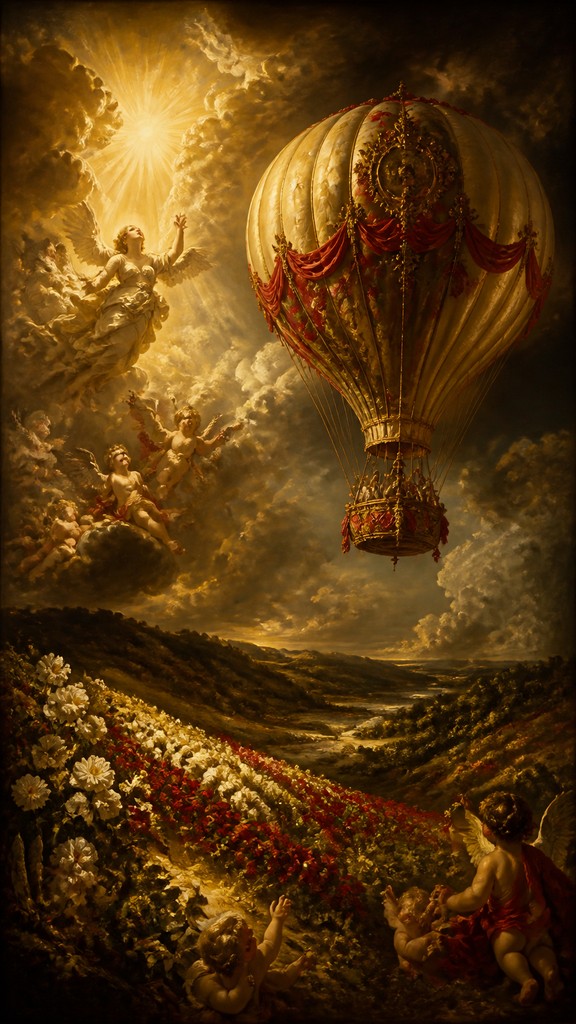 a hot air balloon drifting over rolling flower fields on a sunny day, cheerful, no text — Baroque Religious Art greeting card