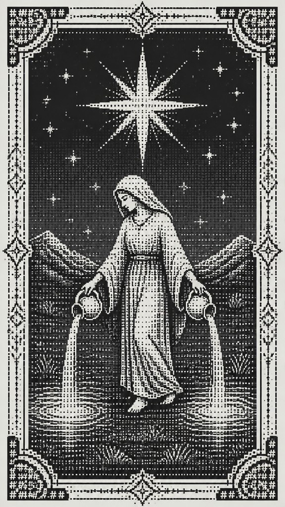 a robed figure pouring water beneath a large eight-pointed star in a night sky, symmetrical composition with an ornate decorative border, no text — ASCII Art Style tarot card