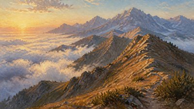 a wide alpine ridge above a sea of clouds, no people — Landscape Nature Art wallpaper