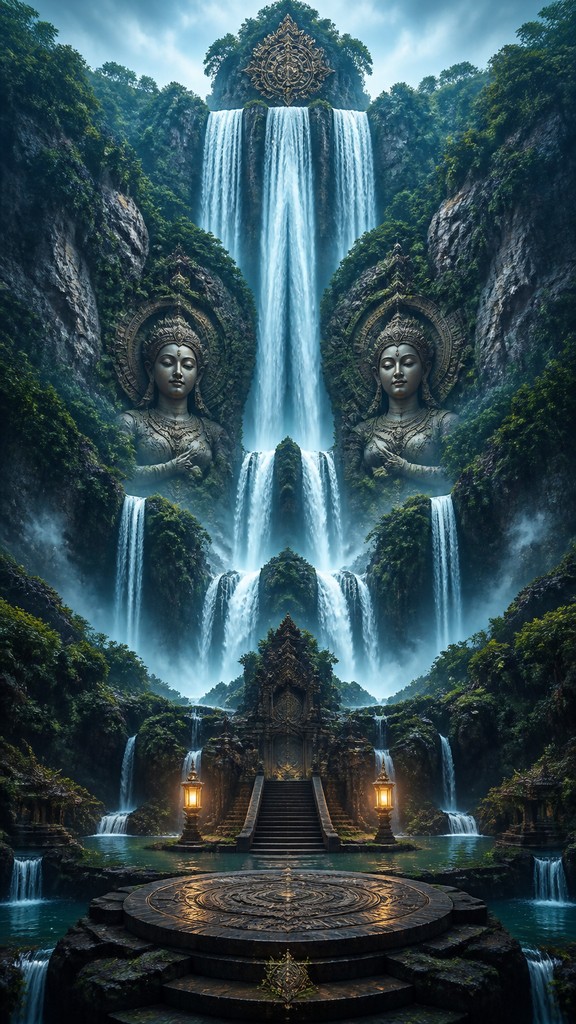 towering waterfall cascading down a cliff — Perfect Symmetry Art Style
