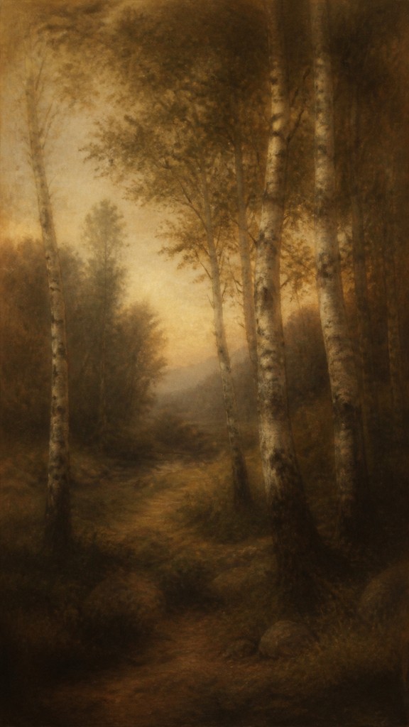 a serene birch forest in soft morning light, no people, no text — Sfumato Portrait Renaissance Art Style wall art print