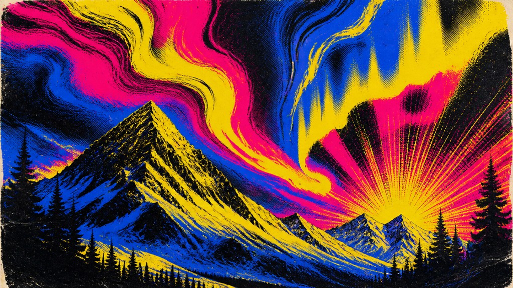 a flowing aurora over snowy peaks, wide sweeping composition, no people, no text — Concert Poster Design banner