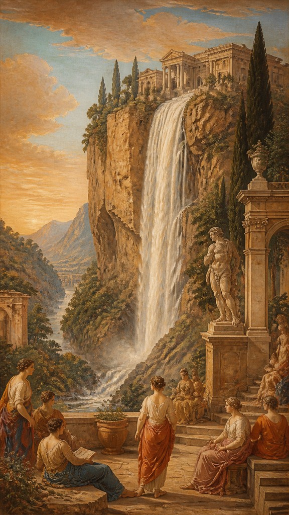 towering waterfall cascading down a cliff — Italian Art Style