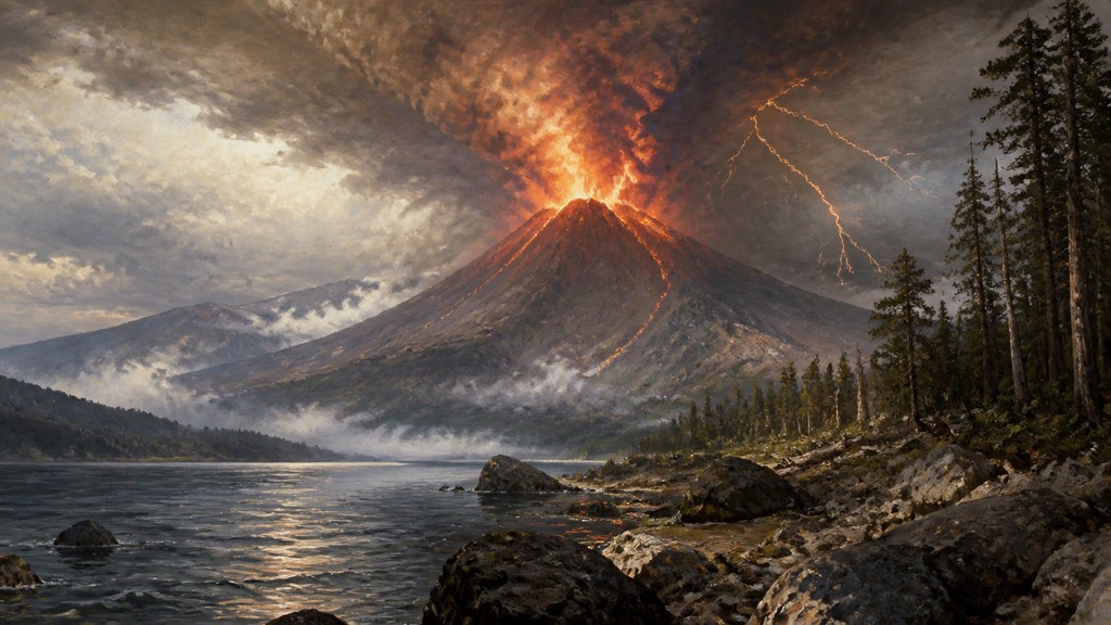 an erupting volcano with lightning strikes, dramatic wide composition, no text — Wildlife Nature Art YouTube thumbnail