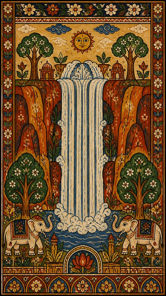 towering waterfall cascading down a cliff — Folk Art Style