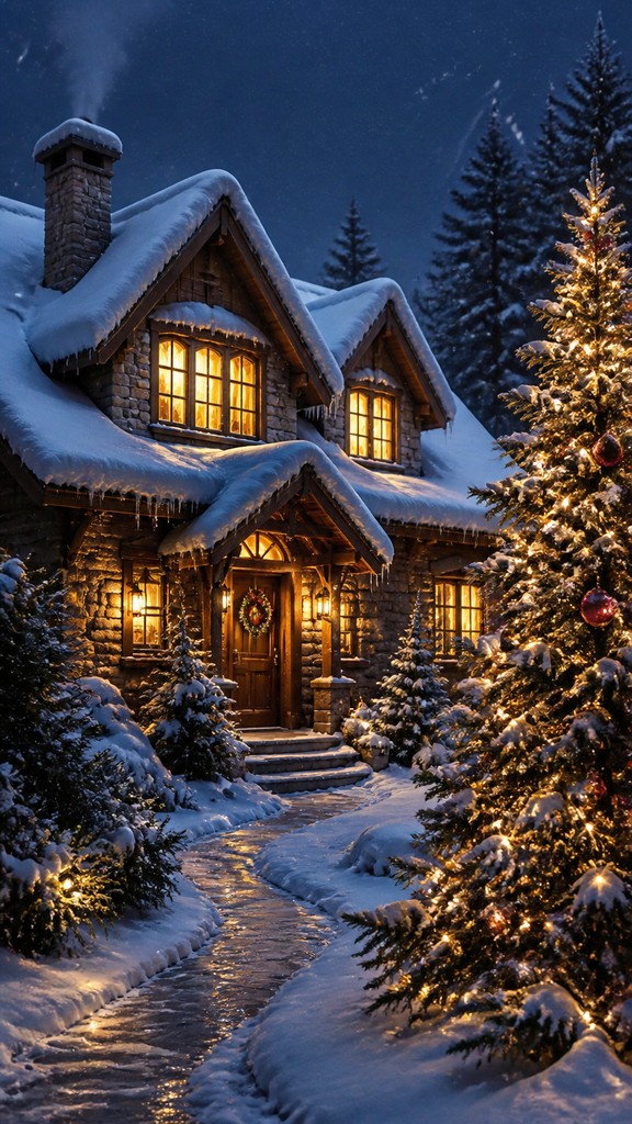 a snow-covered cottage with warm glowing windows beside a decorated pine tree, gentle snowfall, no text — Photorealism Art Style Christmas card