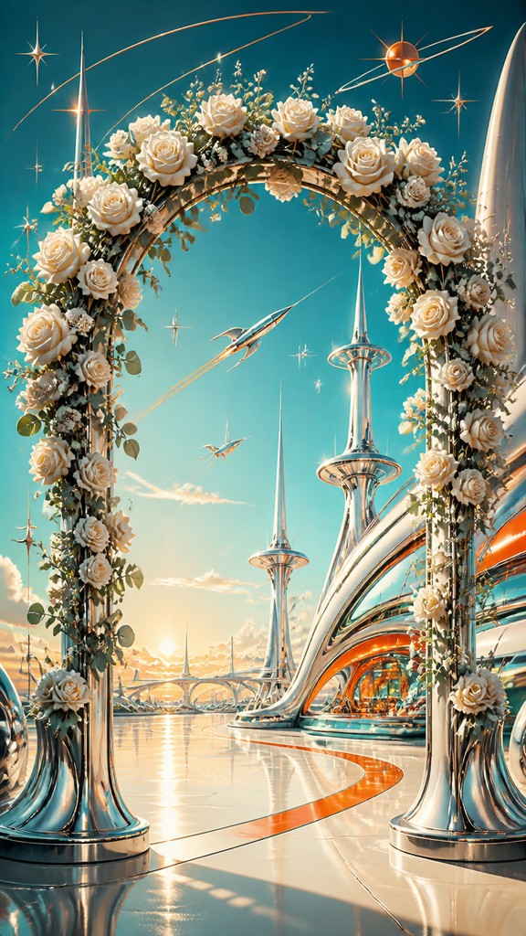 an arch of white roses and eucalyptus in soft morning light, elegant vertical composition with open space, no text — Retro Futurism Sci-Fi Art wedding invitation