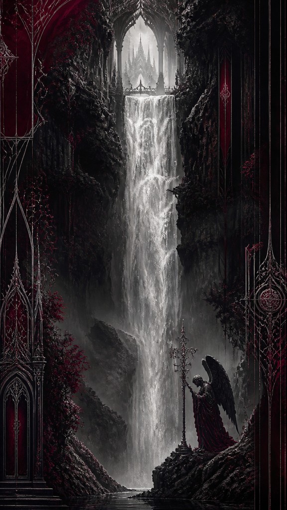 towering waterfall cascading down a cliff — Modern Gothic Art