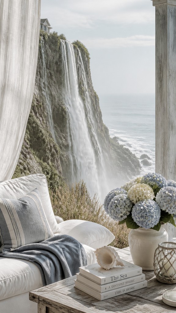 towering waterfall cascading down a cliff — Coastal Grandmother Aesthetic