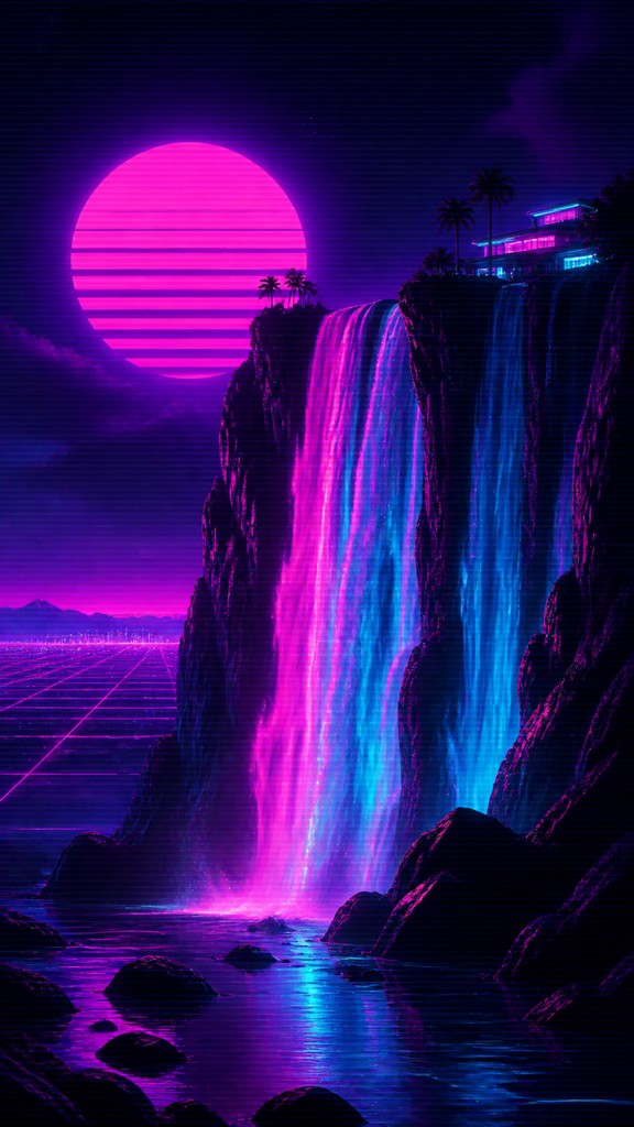 towering waterfall cascading down a cliff — Synthwave Aesthetic