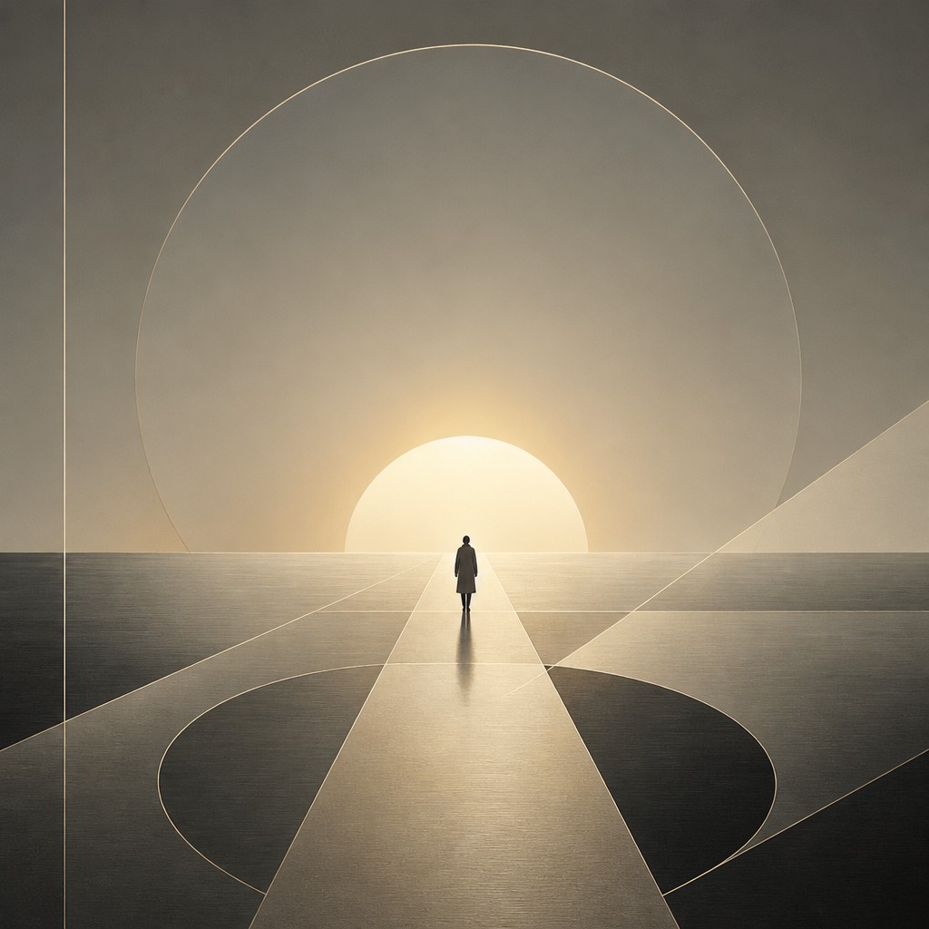 a solitary figure walking toward a glowing horizon across an empty plain, moody atmosphere, no text or lettering — Minimalist Jewelry Design album cover