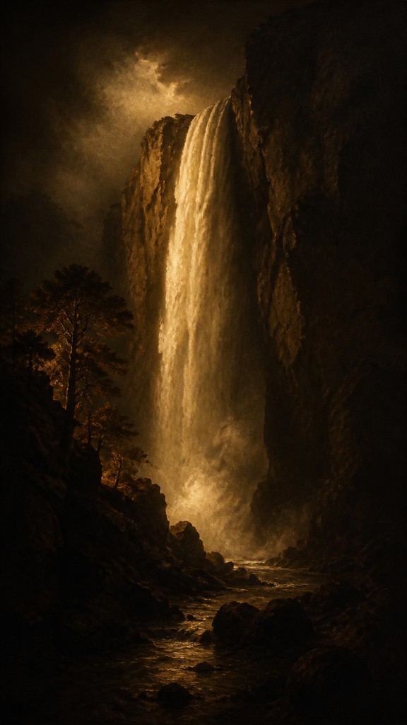 towering waterfall cascading down a cliff — Chiaroscuro Painting Style