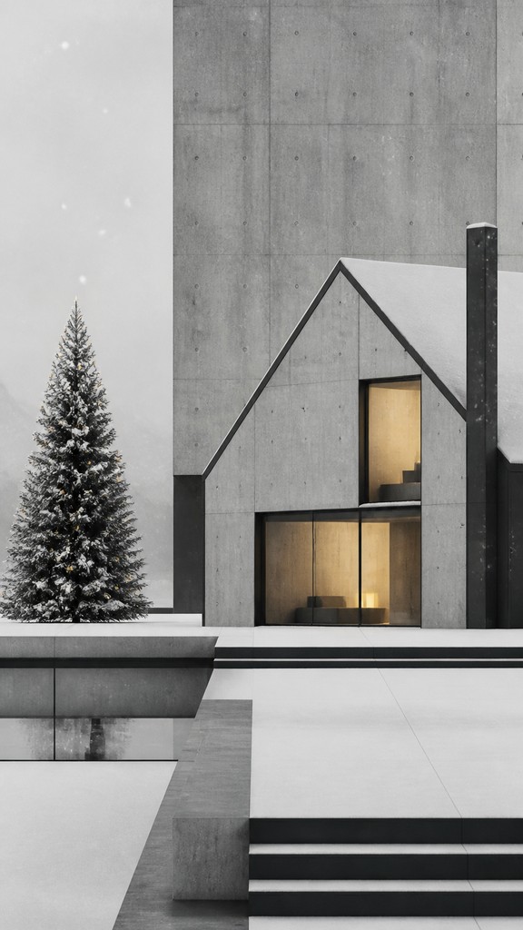 a snow-covered cottage with warm glowing windows beside a decorated pine tree, gentle snowfall, no text — Minimalist Modern Art Style Christmas card