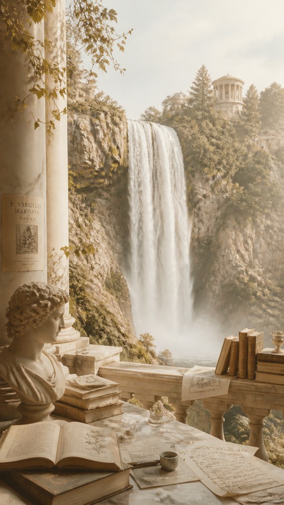 towering waterfall cascading down a cliff — Light Academia Aesthetic