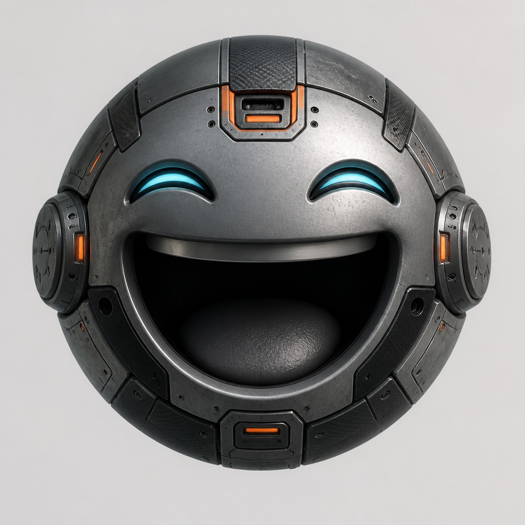 an exaggerated laughing face of an original round mascot character, bold and readable at small size, plain background, no text — Hard Sci-Fi Art Twitch emote