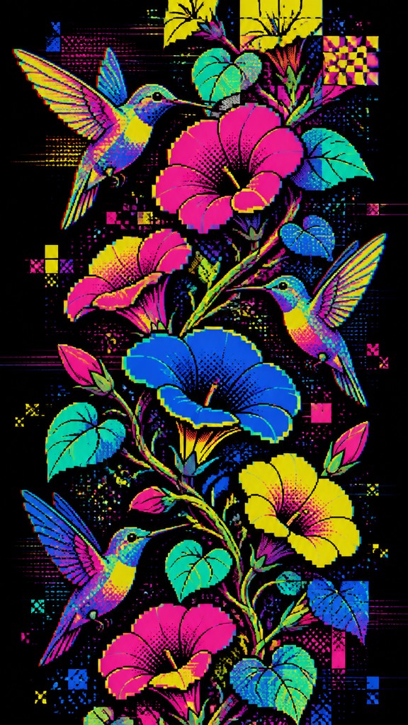 a climbing vine of flowers and hummingbirds on a dark background, tall wrapping composition, no text — Digital Pop Art Style phone case design