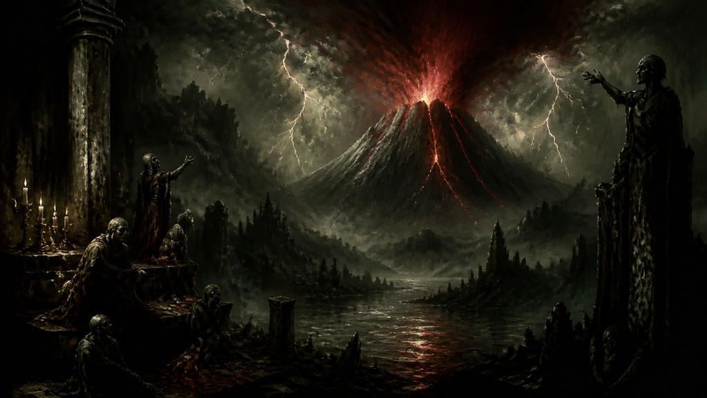 an erupting volcano with lightning strikes, dramatic wide composition, no text — Gothic Horror Art YouTube thumbnail