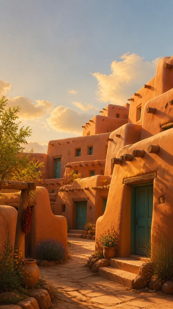 a mysterious forest path with fireflies and drifting mist, atmospheric vertical composition with open space at the top, no text — Adobe Pueblo Architecture book cover