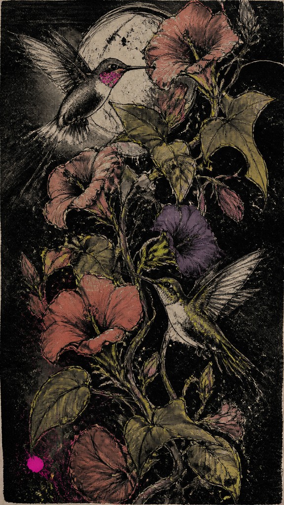 a climbing vine of flowers and hummingbirds on a dark background, tall wrapping composition, no text — Indie/Alternative Comic Art phone case design