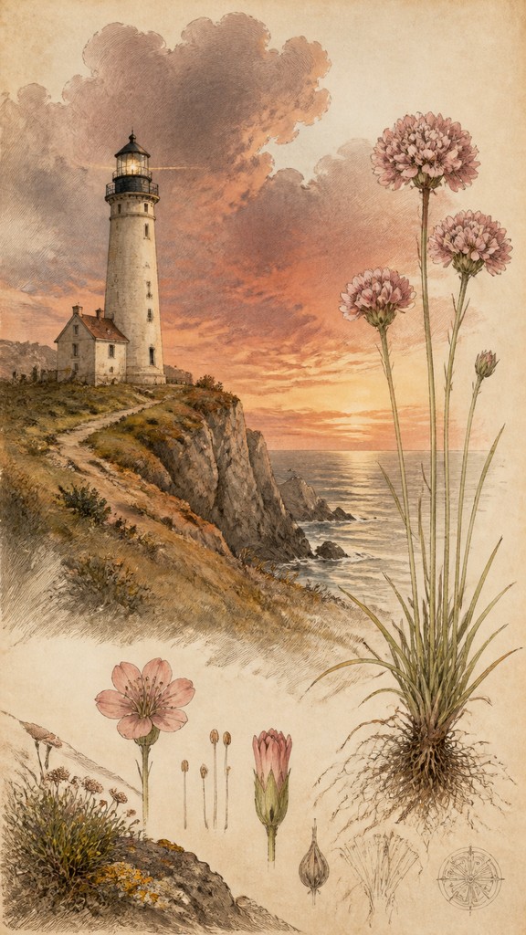 a lone lighthouse on a cliff at dusk under a dramatic sky, no text or lettering — Botanical Nature Art poster
