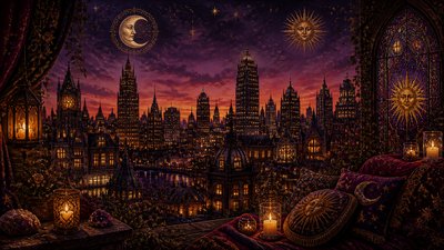 a city skyline panorama at dusk with glowing windows, no people — Whimsigoth Aesthetic wallpaper