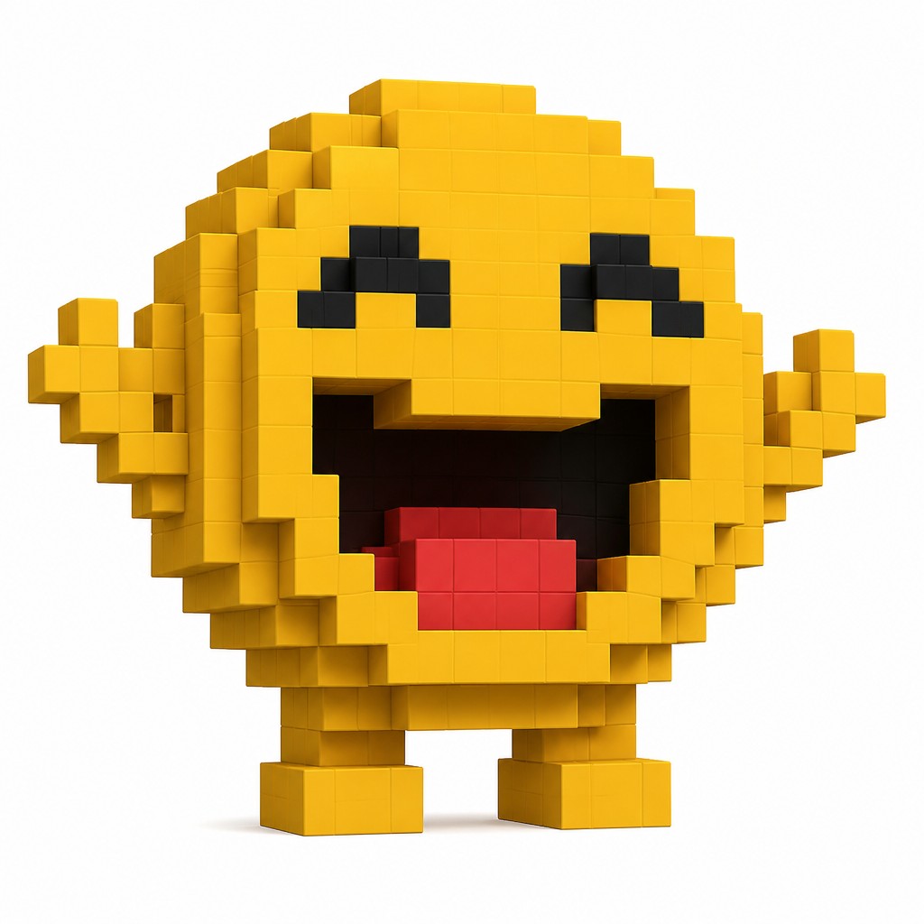 an exaggerated laughing face of an original round mascot character, bold and readable at small size, plain background, no text — Blocky Art Style Twitch emote
