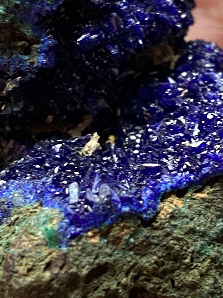 Not a diamond; the image shows a mineral specimen, likely Azurite with possible Malachite on host rock. - Not applicable (raw mineral crystal aggregate)
