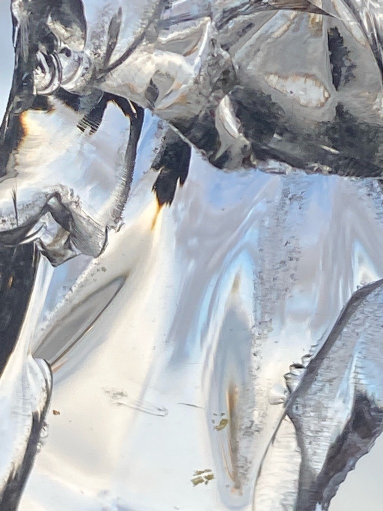 The image provided does not show a diamond, crystal, or gemstone. It appears to be an abstract or distorted photograph showing metallic, reflective surfaces, foil-like textures, or organic liquid shapes against a bright background, making a gemological assessment impossible. - Not applicable as no diamond is visible in the image.