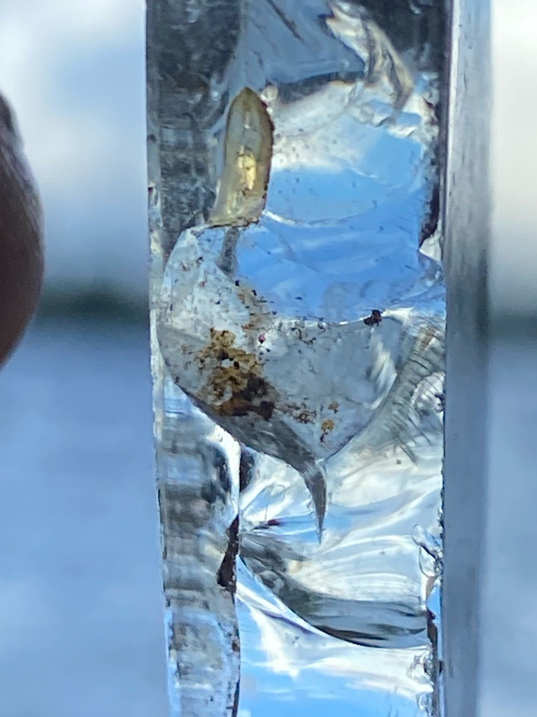 Not a diamond; this image displays ice containing debris and impurities, likely a natural icicle or frozen water formation. - Irregular, organic form resembling a teardrop or shard embedded in ice