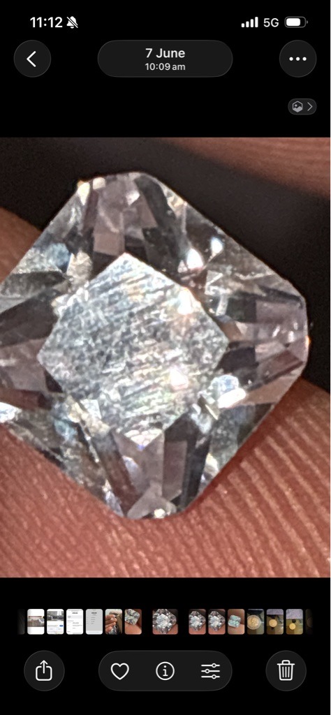 Likely Diamond Simulant (e.g., Cubic Zirconia or Crystal) - Princess or Square Radiant Hybrid