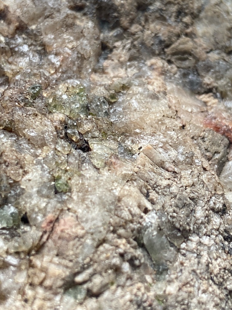 None detected (Host rock/matrix visible, likely pegmatite or metamorphic rock with micro-crystals, no faceted or isolated gem diamond visible) - Not applicable