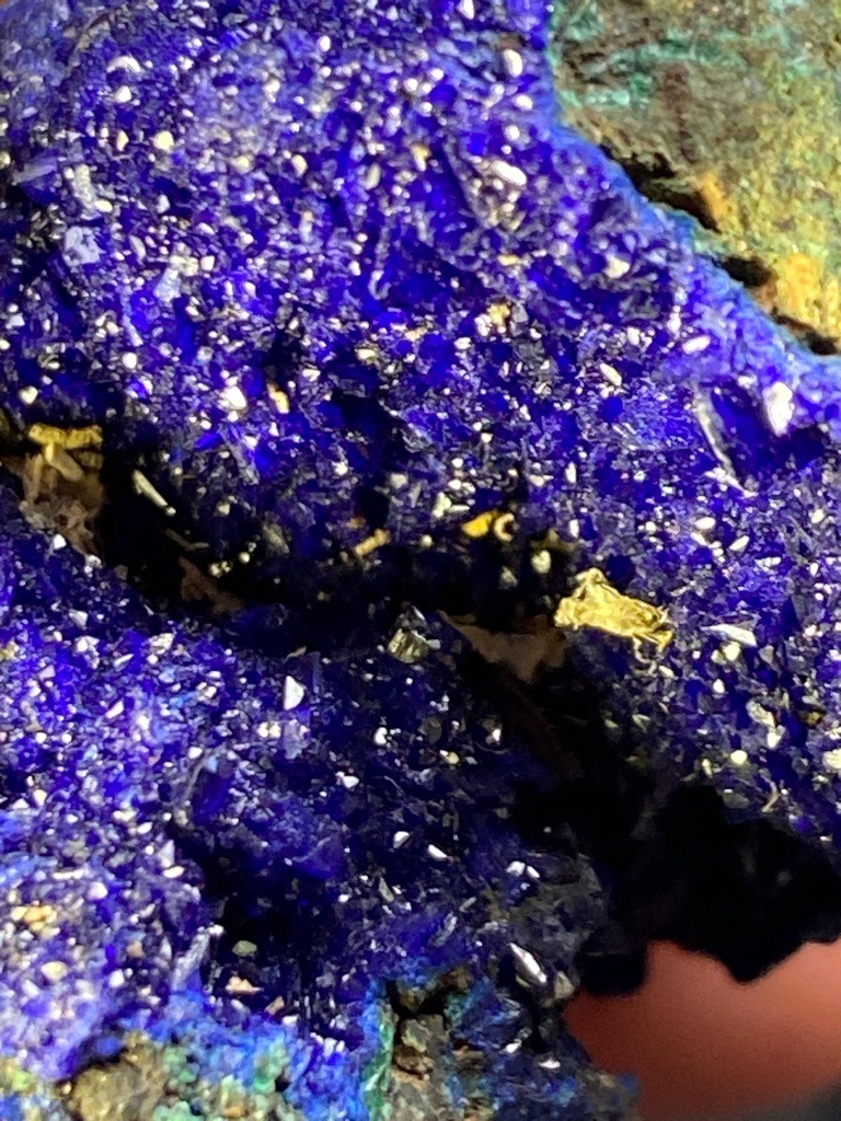 Not a diamond; this is a mineral specimen showing deep blue azurite, likely with associated pyrite or malachite, not crystalline diamond material. - Not applicable; raw mineral matrix with crystal aggregates, not a cut gemstone.
