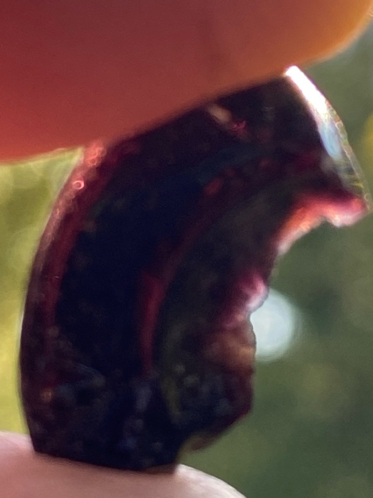 Not a diamond; this specimen appears to be an irregular or fractured dark gemstone/crystal material, possibly garnet, tourmaline, or a synthetic resin/glass fragment rather than a true crystalline diamond. - Irregular rough fragment / Freeform raw piece