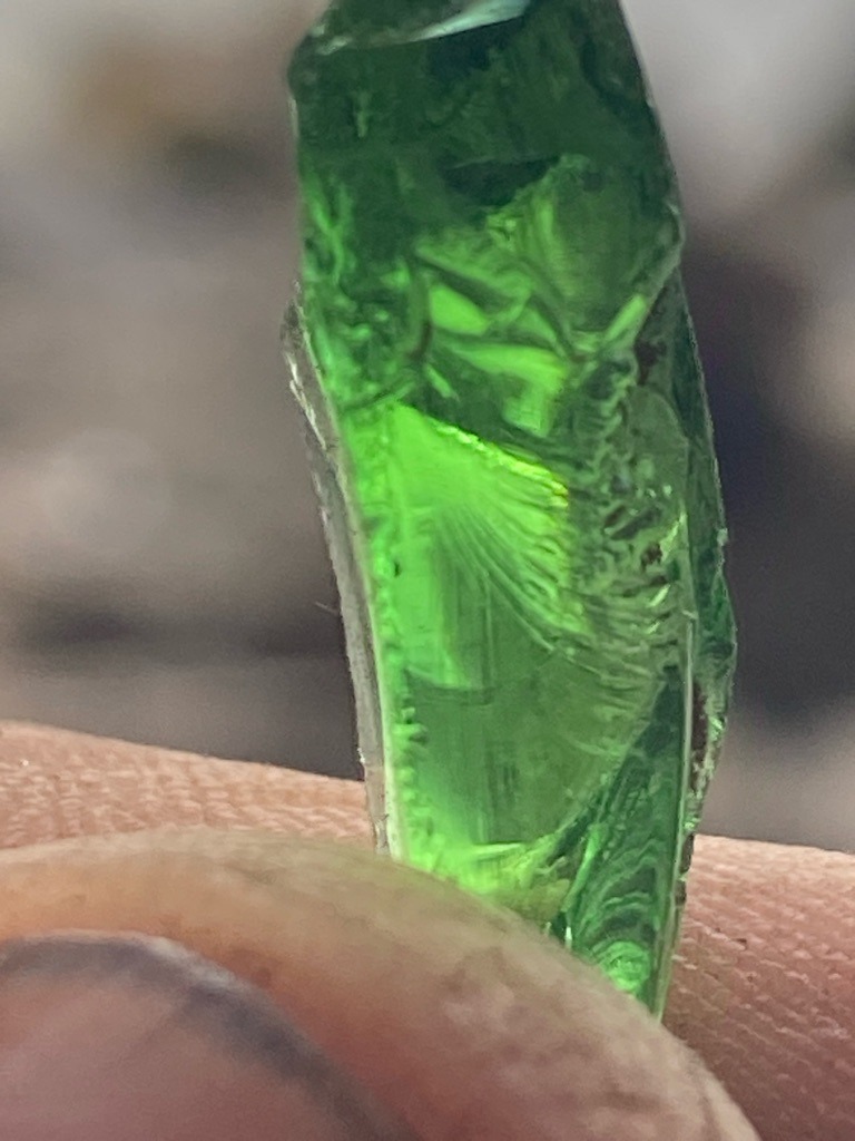 Not a diamond (appears to be green glass, slag, or a non-diamond rough mineral like green tourmaline or fluorite given the conchoidal fracture and deep green color) - Uncut rough / Crystalline fragment