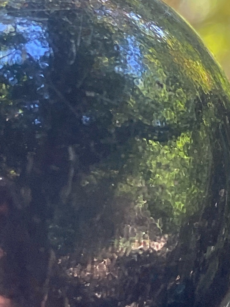 Not a diamond; appears to be a glass or crystal gazing ball or sphere reflecting surrounding foliage. - Spherical / Globe