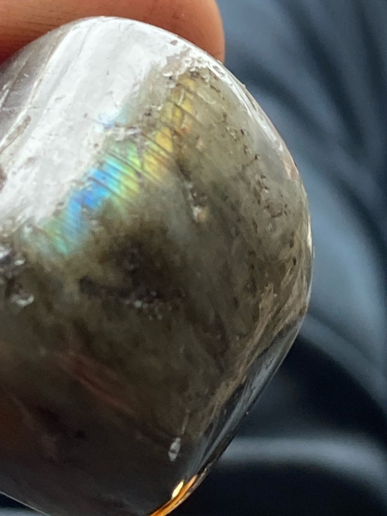 Not a diamond; this is a tumbled mineral specimen, specifically labradorite displaying labradorescence (optical phenomenon). - Tumbled/Irregular Freeform Cabochon