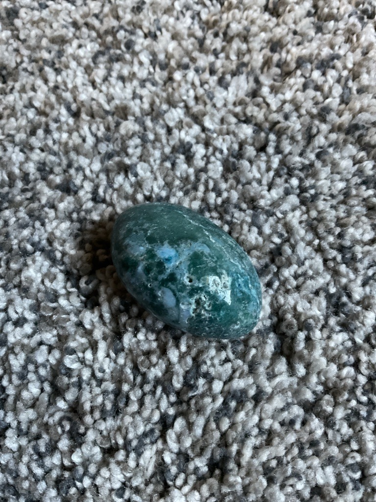 Not a diamond; Identifiable as a polished semi-precious gemstone or mineral specimen, likely Moss Agate or a variety of Jasper. - Polished Tumble / Cabochon (Ovoid shape)
