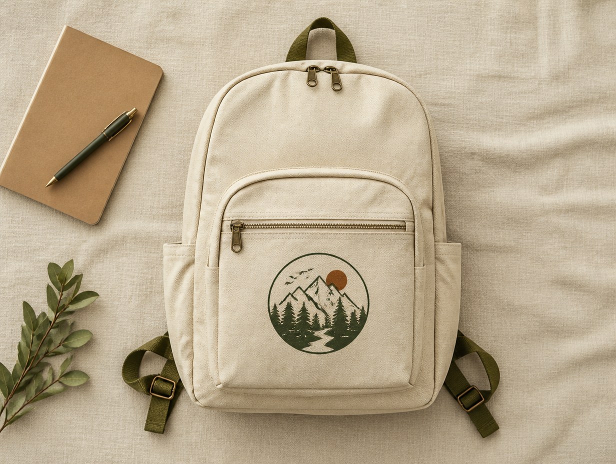 AI-generated backpack flat lay mockup sample