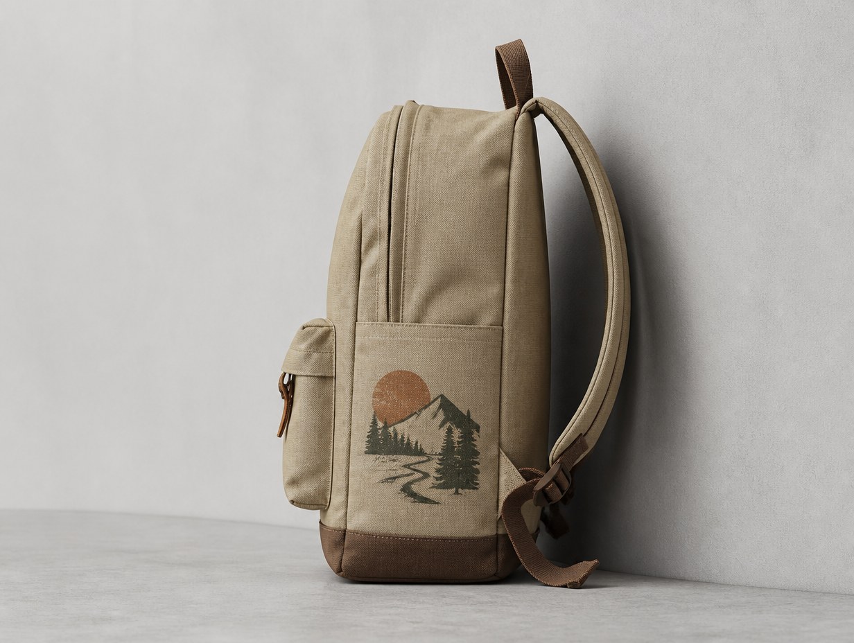 AI-generated backpack side view mockup sample