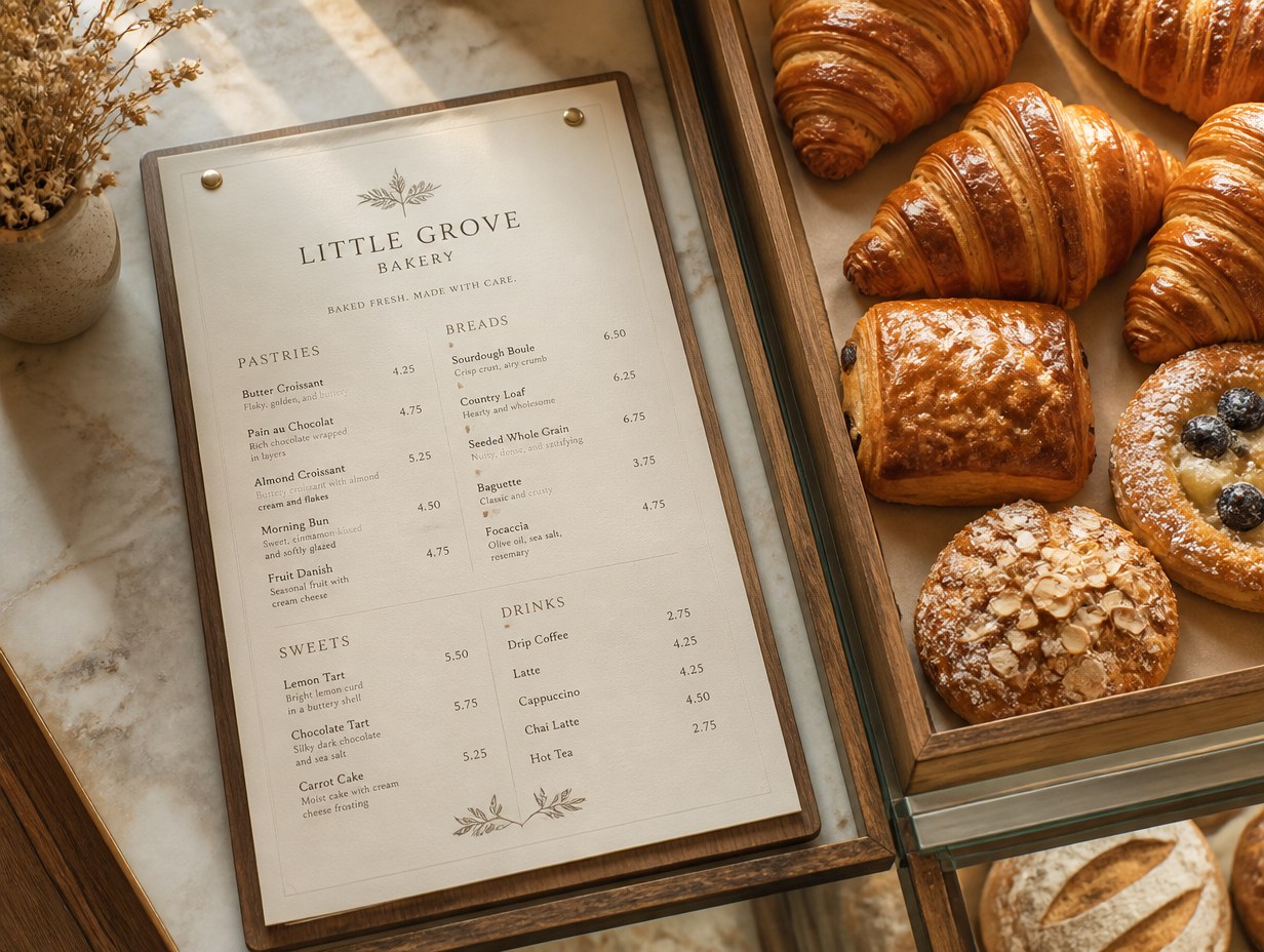 AI-generated bakery menu mockup sample