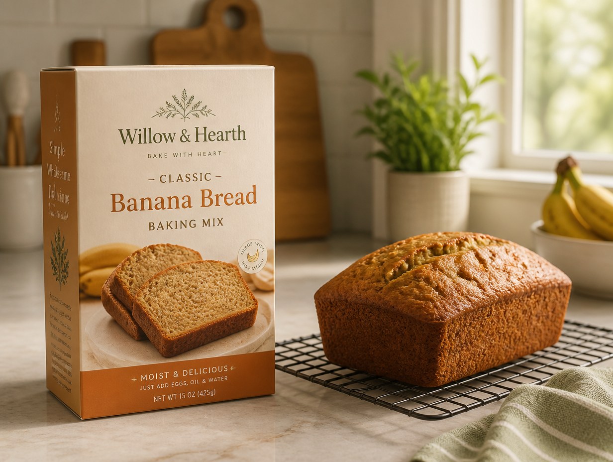 AI-generated baking mix box mockup sample
