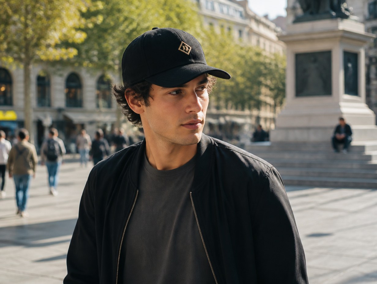 AI-generated baseball cap on model mockup sample